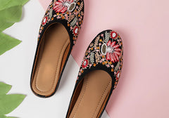 Striking Black Mules with Vibrant Mixed-Color Embellishments