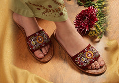 Elegant Maroon Embroidered Mules with Intricate Pattern