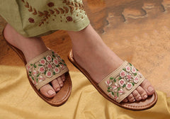 Elegant Cream Embroidered Mules with Delicate Flower Pattern