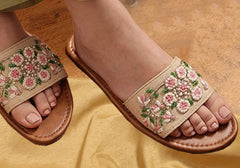 Elegant Cream Embroidered Mules with Delicate Flower Pattern