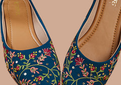 Midnight Blossom Blue Embroidered Jutti