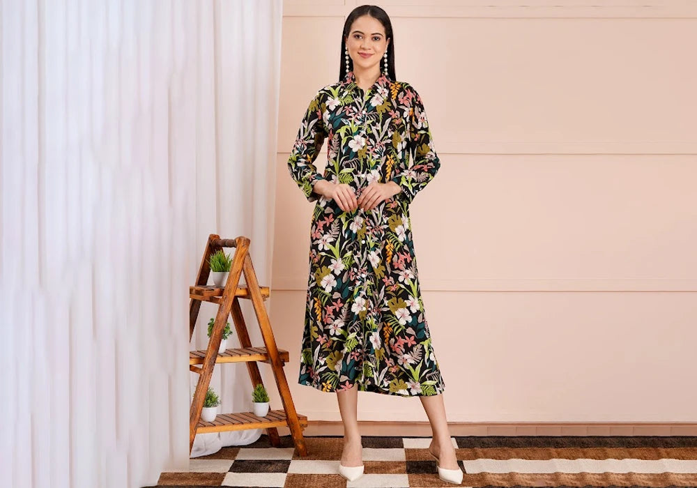 Black Botanical Print Long Sleeve Midi Shirt Dress 1