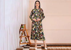 Black Botanical Print Long Sleeve Midi Shirt Dress 1