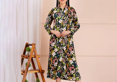 Black Botanical Print Long Sleeve Midi Shirt Dress 2