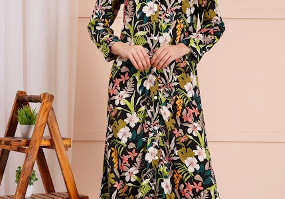 Black Botanical Print Long Sleeve Midi Shirt Dress 3