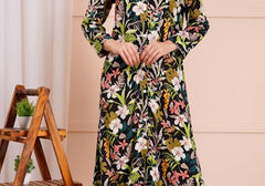 Black Botanical Print Long Sleeve Midi Shirt Dress 3