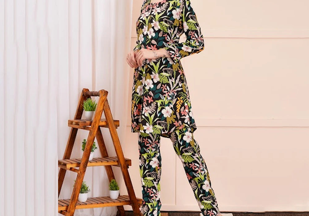 Black Floral Print Long Kurta Co-ord Set 2