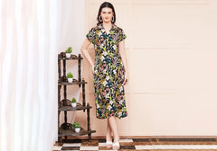 Black Tropical Floral Print A-Line Midi Shirt Dress 1