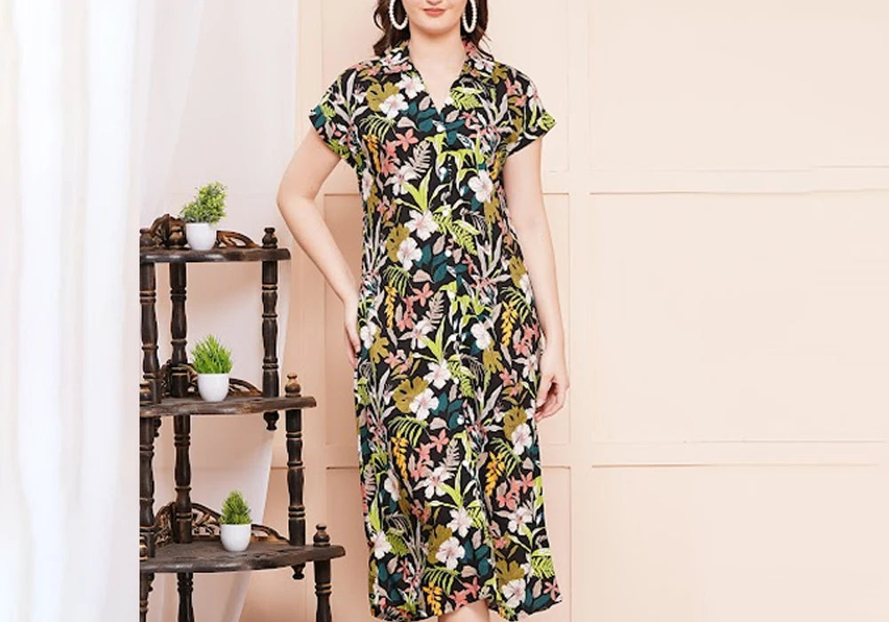 Black Tropical Floral Print A-Line Midi Shirt Dress 2