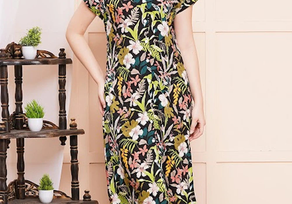 Black Tropical Floral Print A-Line Midi Shirt Dress 3