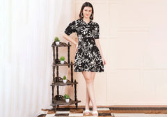 Black & White Floral Leaf Print Mini Shirt 1