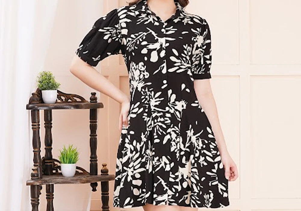 Black & White Floral Leaf Print Mini Shirt 3