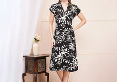 Black & White Floral Print Midi Shirt Dress 2