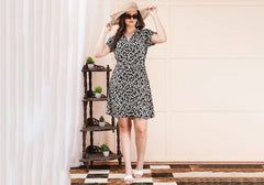 Black & White Geometric Tile Print Belted Mini Shirt Dress 1