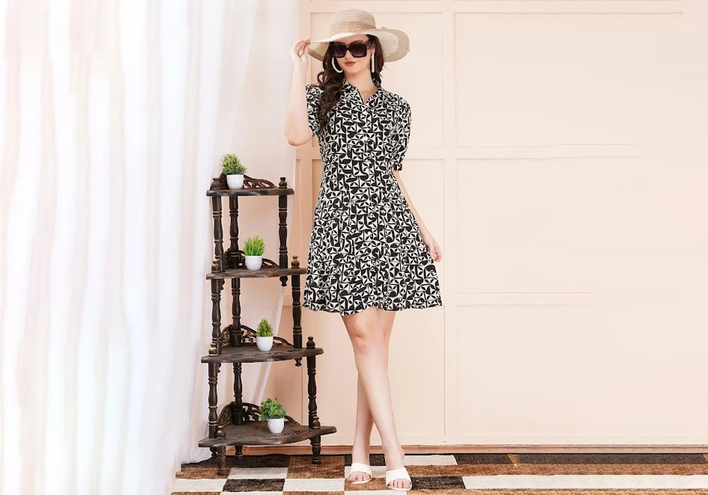 Black & White Geometric Tile Print Flared Mini Shirt Dress 1