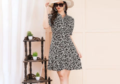 Black & White Geometric Tile Print Flared Mini Shirt Dress 2