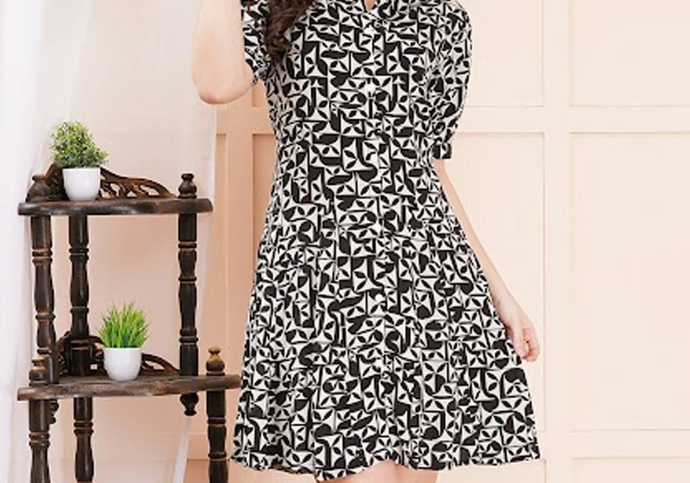 Black & White Geometric Tile Print Flared Mini Shirt Dress 3