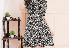 Black & White Geometric Tile Print Flared Mini Shirt Dress 3