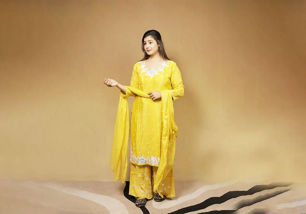 Bright Yellow Embroidered Suit Set 1