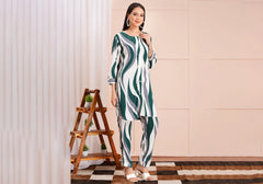 Chic Green & White Wave Print Co-ord Set