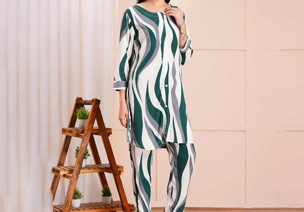 Chic Green & White Wave Print Co-ord Set