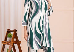 Chic Green & White Wave Print Co-ord Set