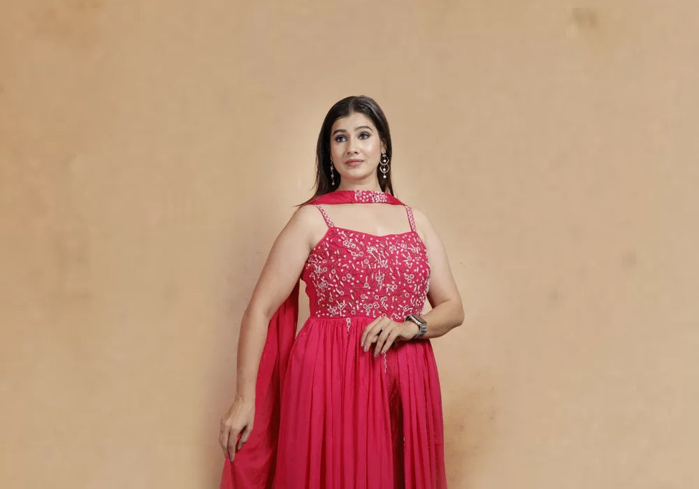 Elegant Pink Embroidered Palazzo Suit Set 1
