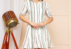 Elegant White Vertical Stripe A-Line Shirt Dress 3