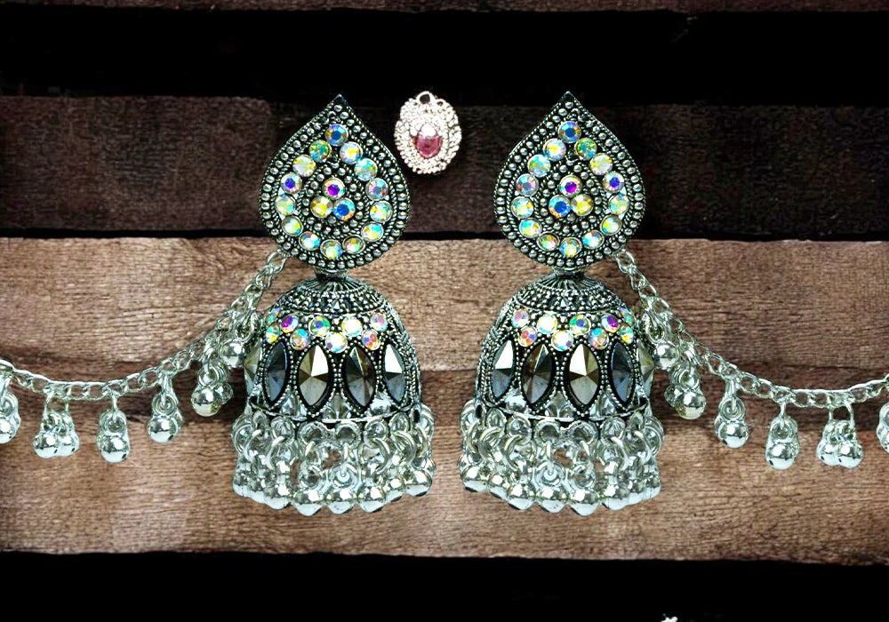 Enchanting Silver-Plated Jhumka Earrings with Chain Detailing 1