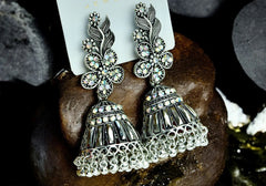 Floral Crystal Studded Oxidized Silver Jhumka Earrings 2