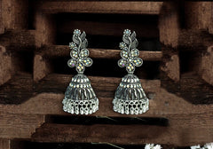 Floral Crystal Studded Oxidized Silver Jhumka Earrings 3