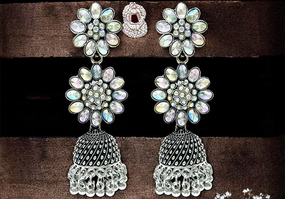Floral Elegance Oxidized Silver Jhumka Earrings 1