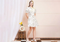 Graceful White & Grey Floral A-Line Shirt Dress 1