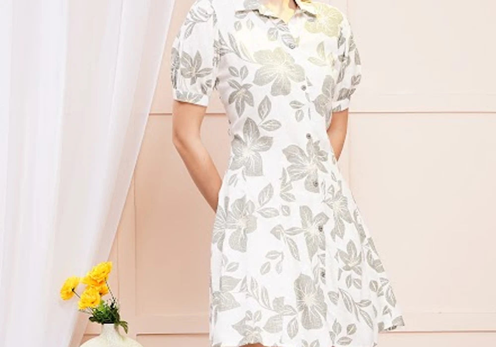Graceful White & Grey Floral A-Line Shirt Dress 3