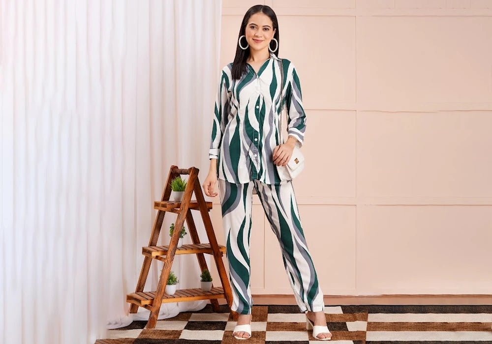 Green & White Striped Button-Down Co-ord Set 1