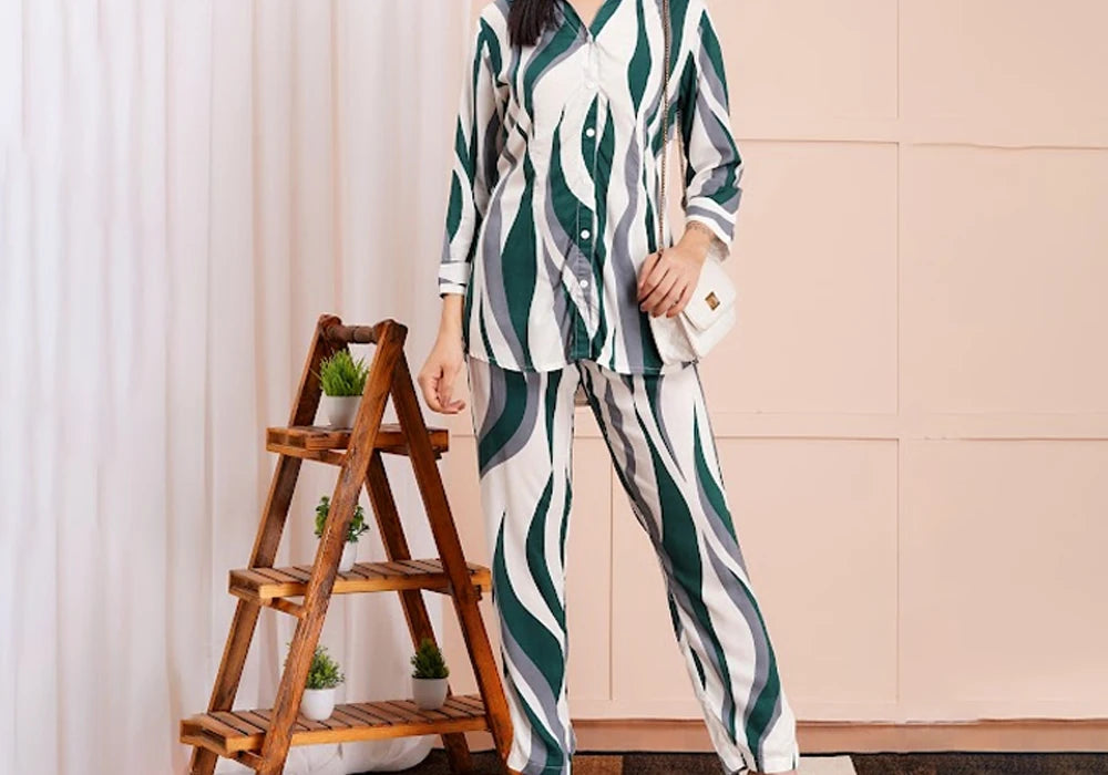 Green & White Striped Button-Down Co-ord Set 2