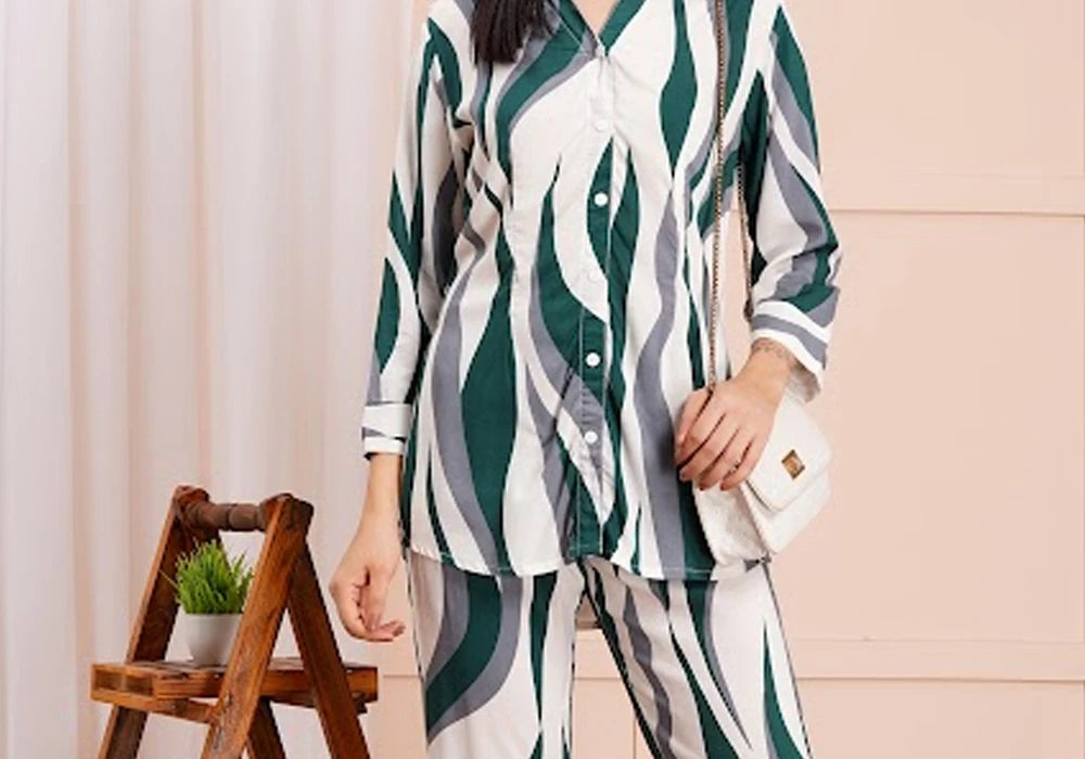 Green & White Striped Button-Down Co-ord Set 3