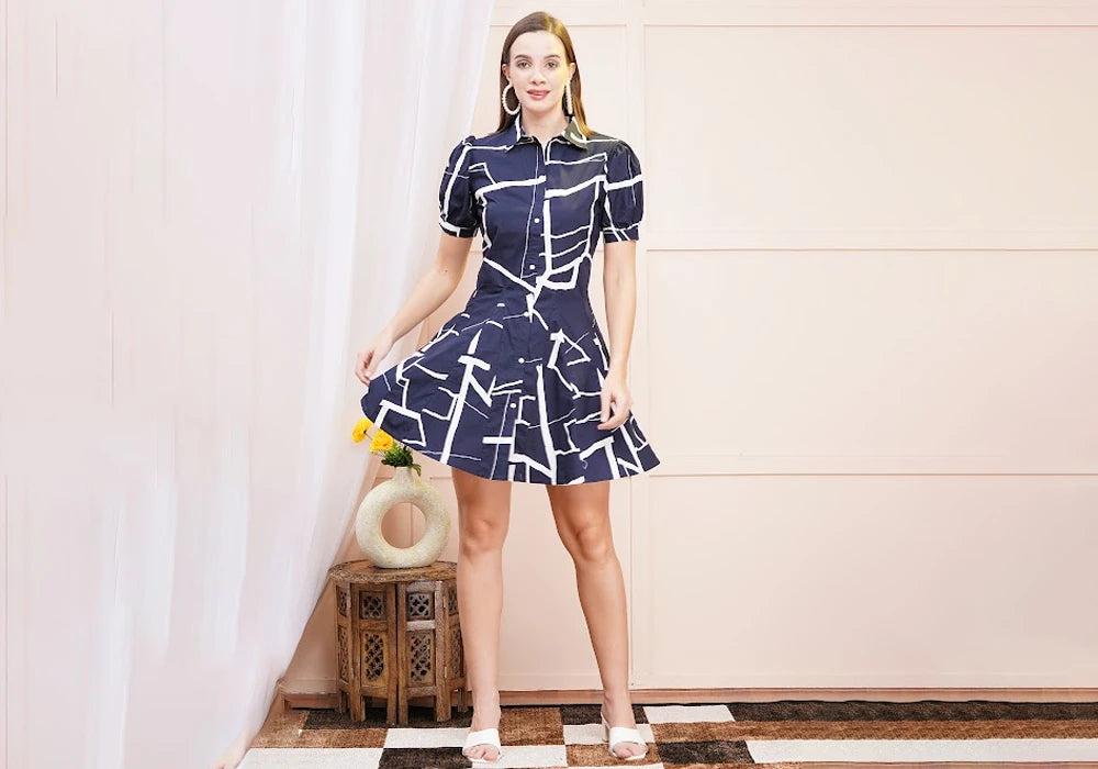 Navy Blue Abstract Geometric Print A-Line Shirt Dress 1