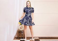 Navy Blue Abstract Geometric Print A-Line Shirt Dress 1