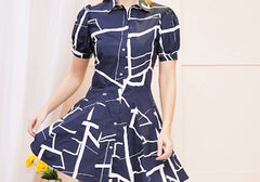 Navy Blue Abstract Geometric Print A-Line Shirt Dress 3