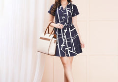 Navy & White Abstract Geometric Print Belted Mini Shirt Dress 2