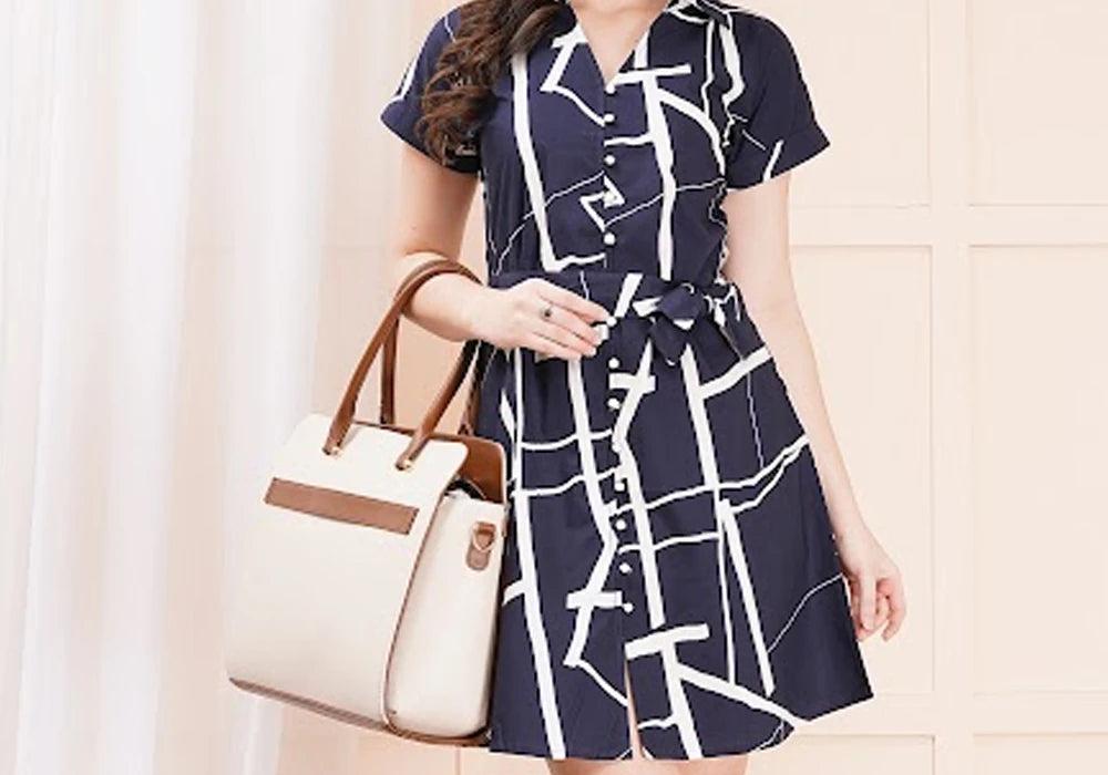 Navy & White Abstract Geometric Print Belted Mini Shirt Dress 3