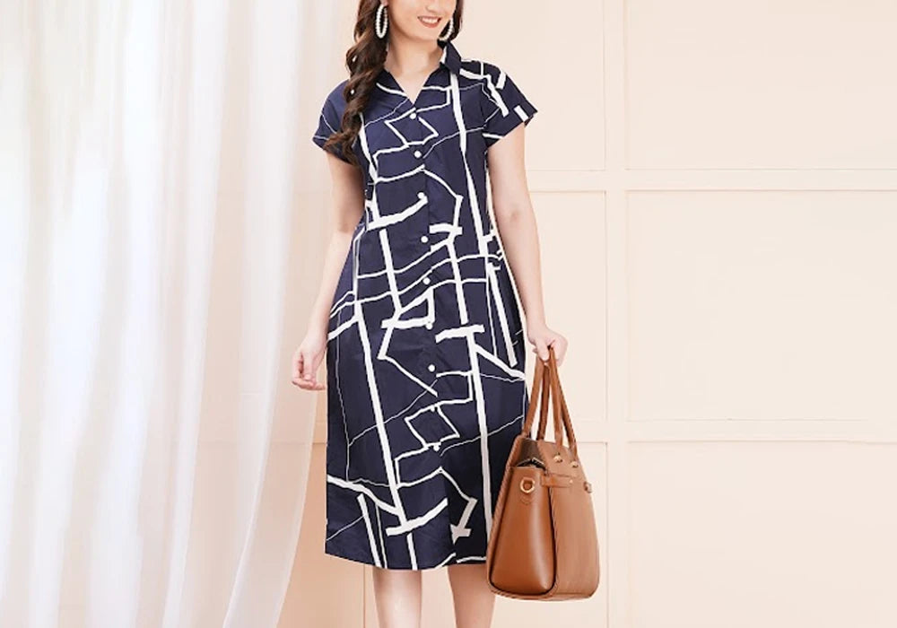 Navy & White Abstract Geometric Print Midi Shirt Dress 2