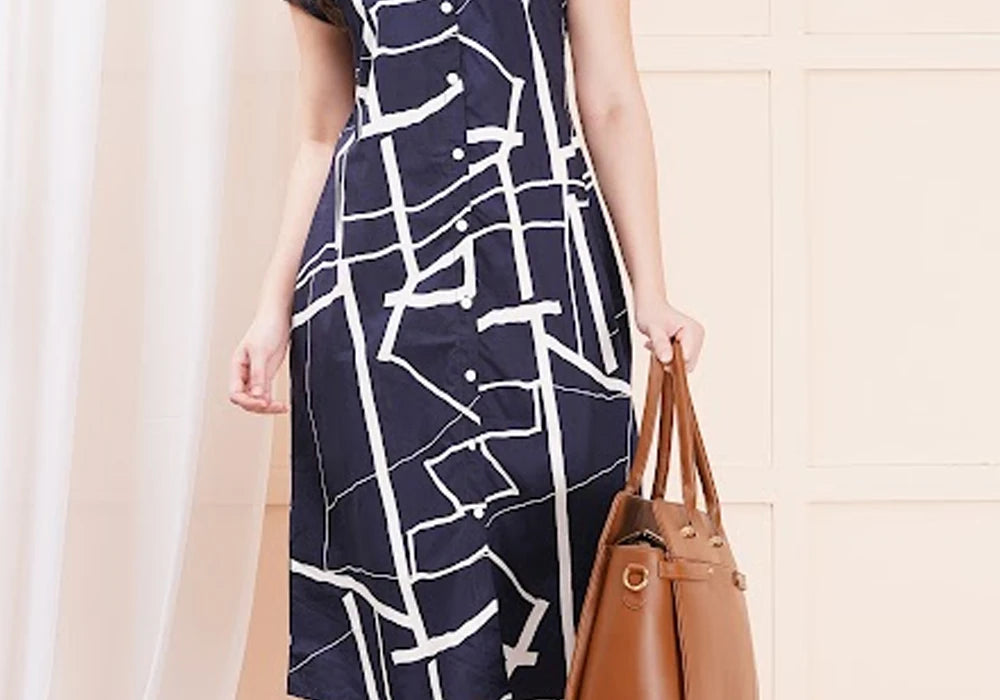 Navy & White Abstract Geometric Print Midi Shirt Dress 3