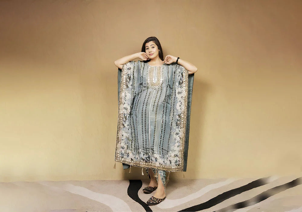 Opulent Teal Draped Kaftan Suit with Golden Accents 1