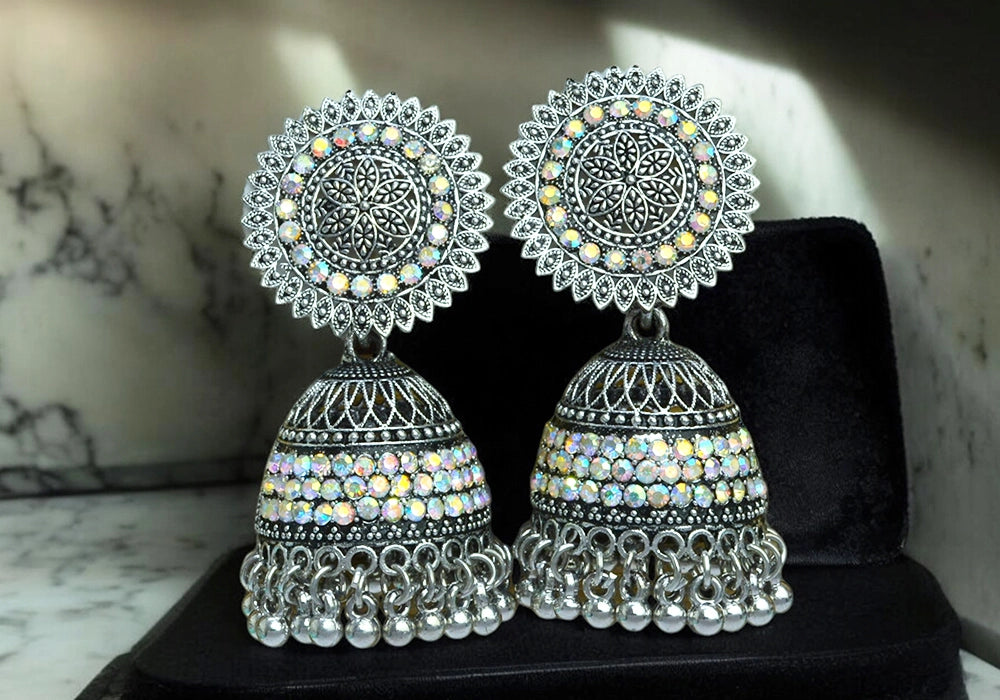 Timeless Sunburst Jhumka Earrings in Oxidized Silver 1