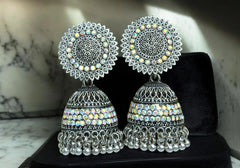Timeless Sunburst Jhumka Earrings in Oxidized Silver 1