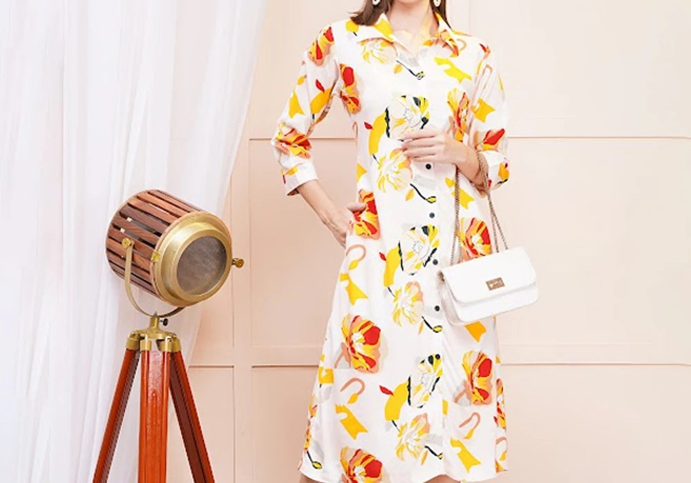 Vibrant White & Multicolor Floral Midi Shirt Dress 2