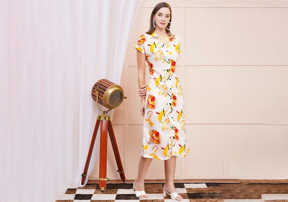 White Floral Bloom Print Midi Shirt Dress 1