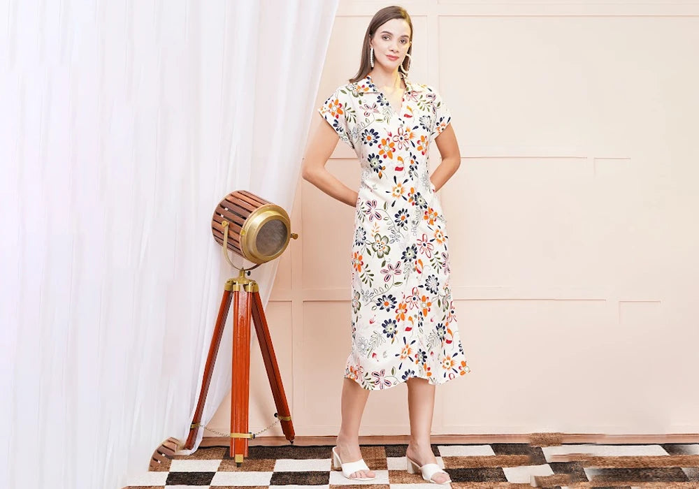 White Garden-Inspired Floral Print Midi Shirt Dress 1